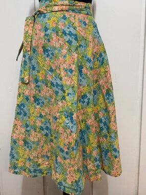 Vintage Floral A-Line Wrap Skirt in Green, Pink and Blue